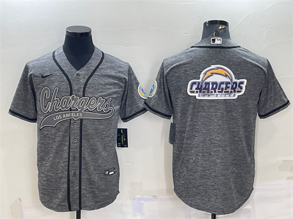 Men's Los Angeles Chargers Gray Team Big Logo With Patch Cool Base Stitched Baseball Jersey